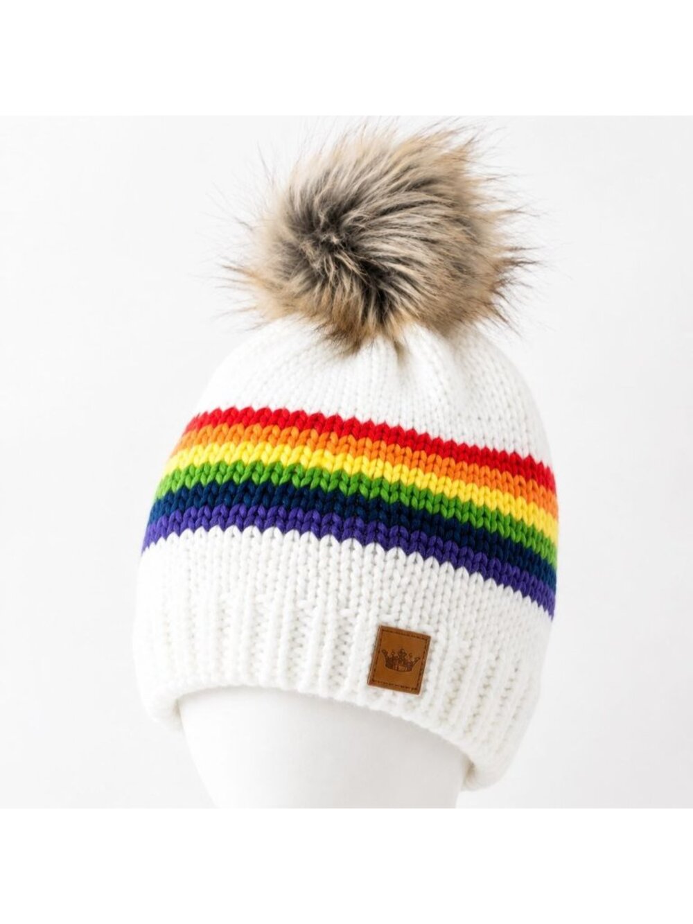 Panache Womens Rainbow Knit Beanie Faux Fur Pom Winter Hat Pride NWT